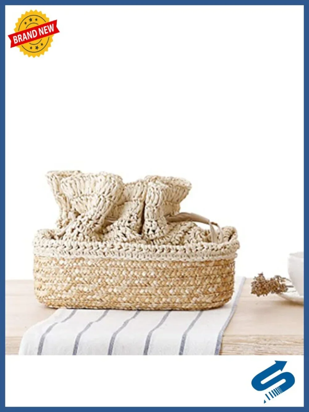 Crochet Woven Straw Backpack with Leather Straps Drawstring Beach Tote
